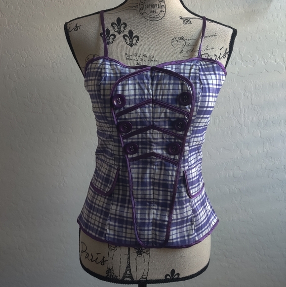🆕 Katia purple checkered plaid academia cotton blend spaghetti strap top_M,L - Picture 2 of 15